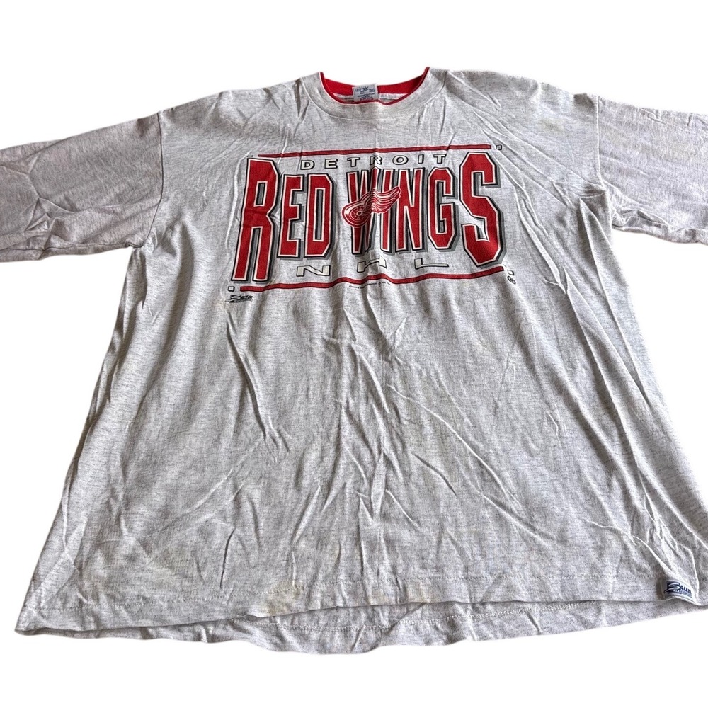 Vintage Detroit Red Wings Salem Sportswear Ringer T-Shirt Grey Red XL NHL 1991